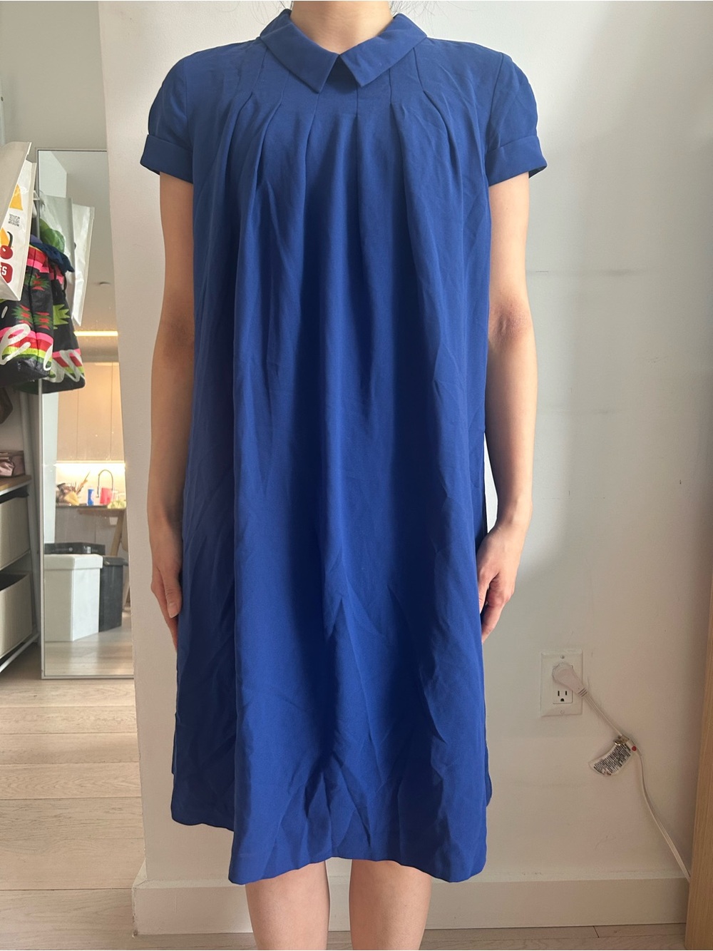 Collared Short-Sleeve Midi Swing Dress in Blue